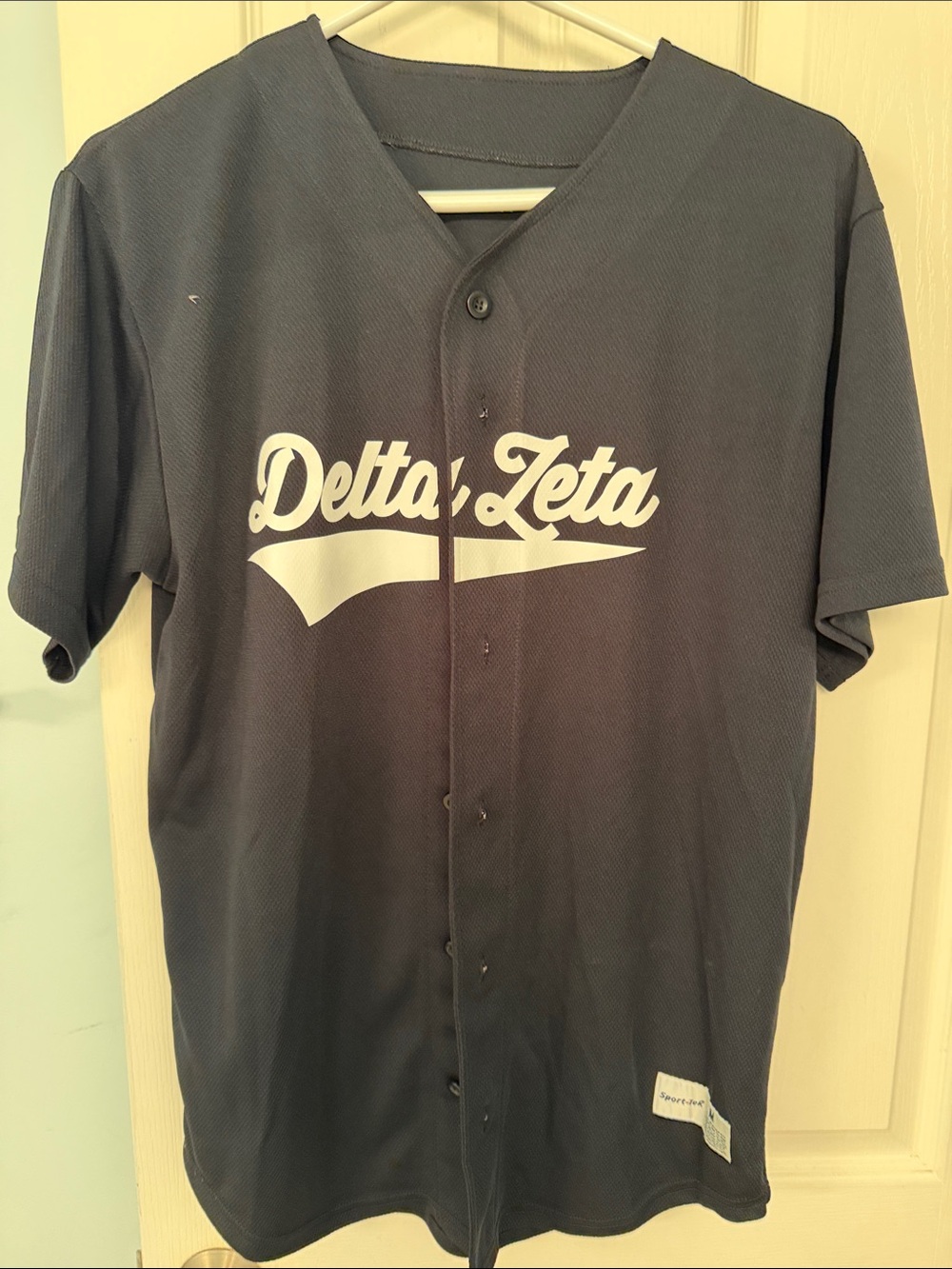 Sport-Tek Navy and White Delta Zeta Baseball Jersey